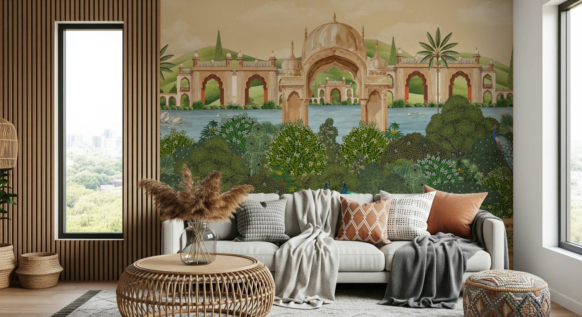 Tropical peacock mural with layered leaves and bright flowers