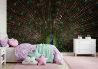 Wildlife-inspired wall mural featuring a majestic peacock in vivid hues.
