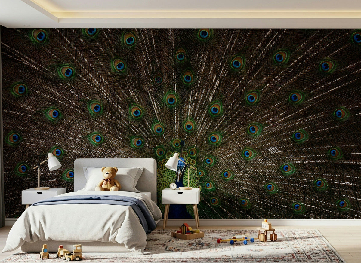 Peacock Pride Wall Mural featuring a vibrant peacock with detailed feathers.