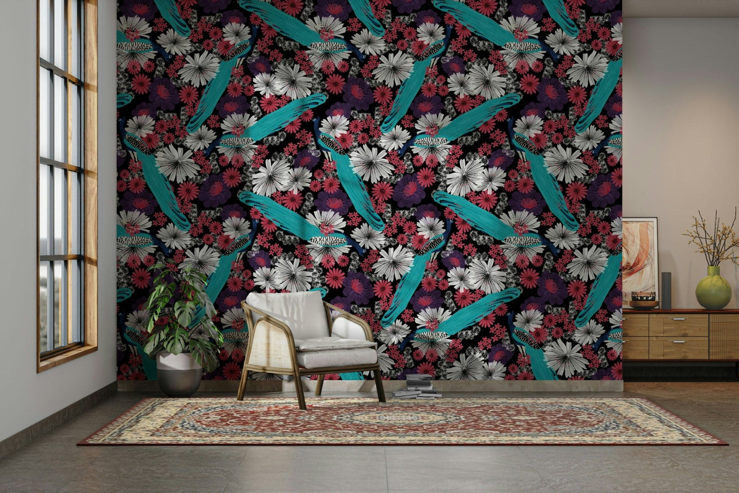 Statement wallpaper with black and teal

