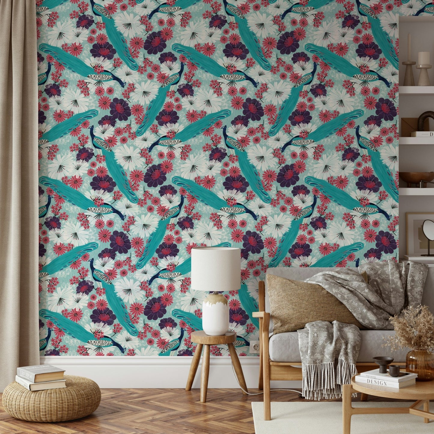 Wall mural featuring peacocks and flowers

