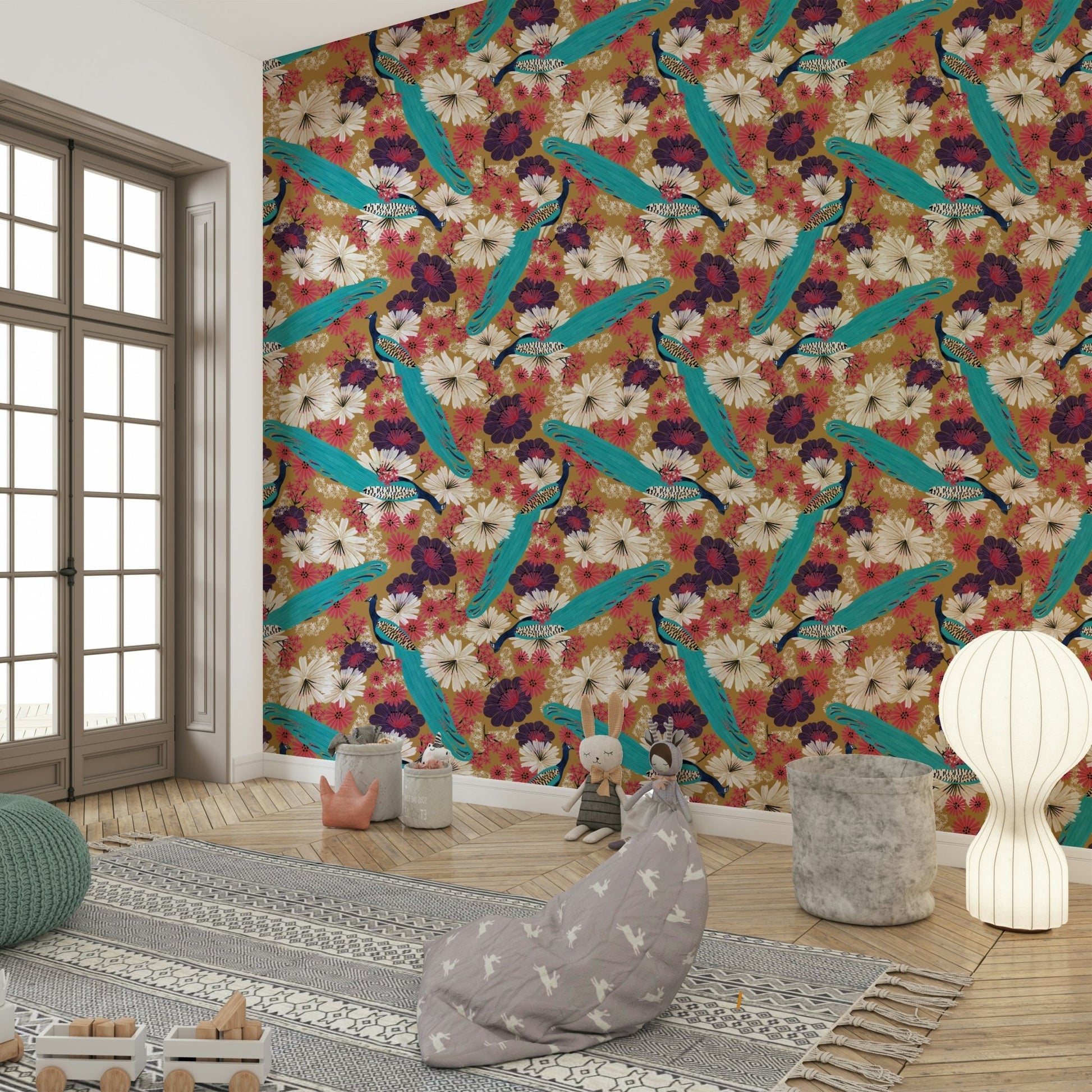 Warm tone peacock mural wallpaper

