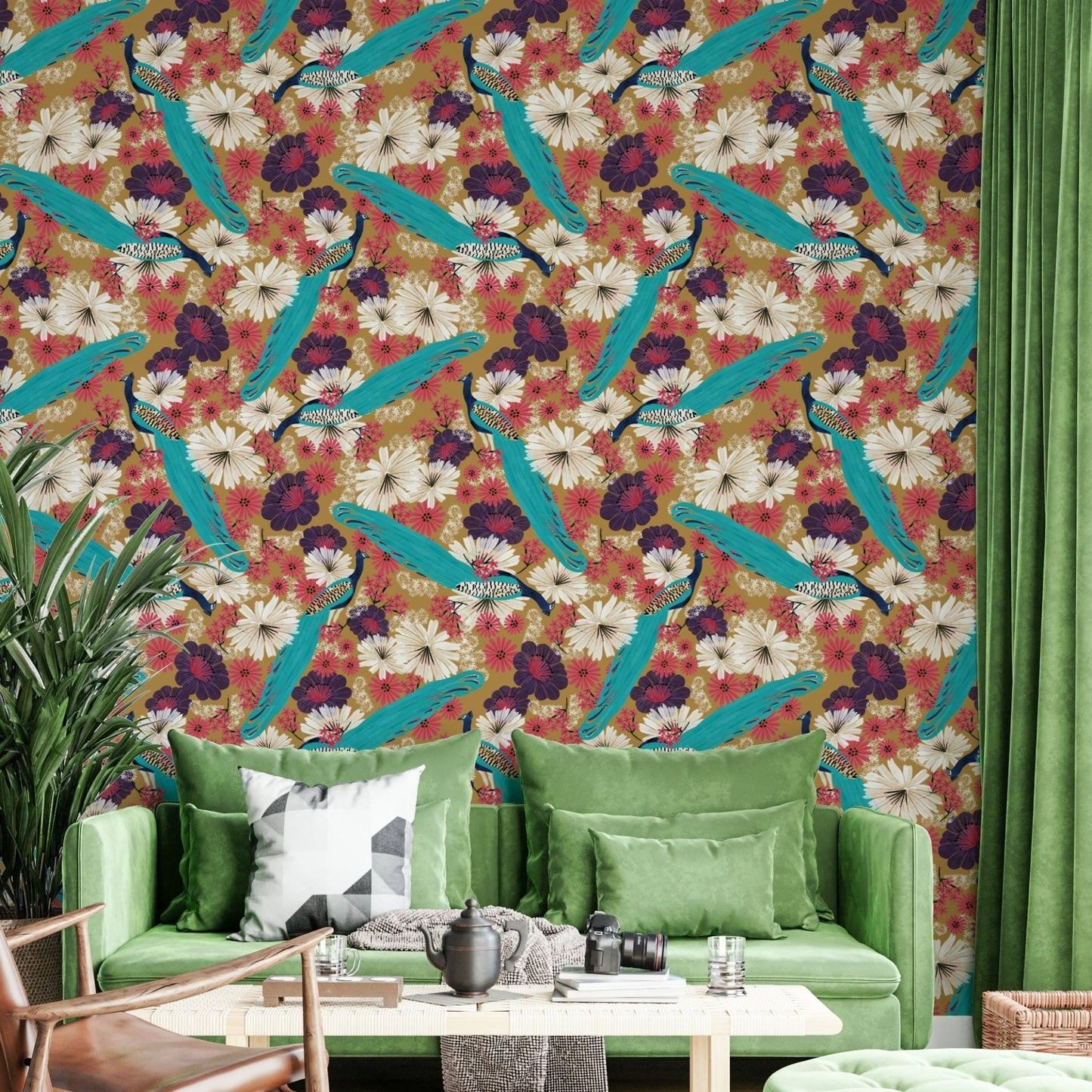Peacock and floral design on warm background

