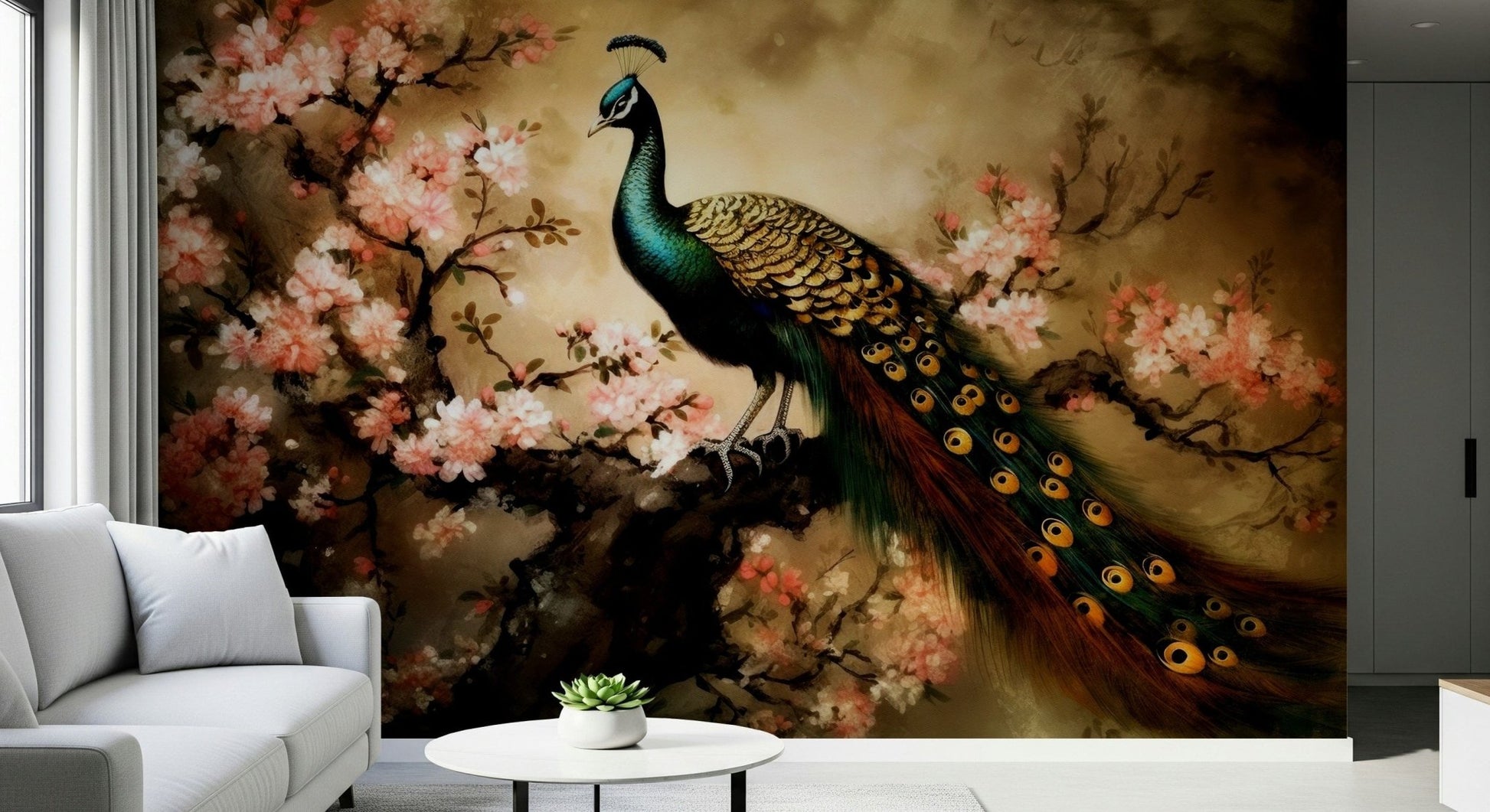 Peacock floral feather mural in bedroom, calm blue palette, modern headboard wall