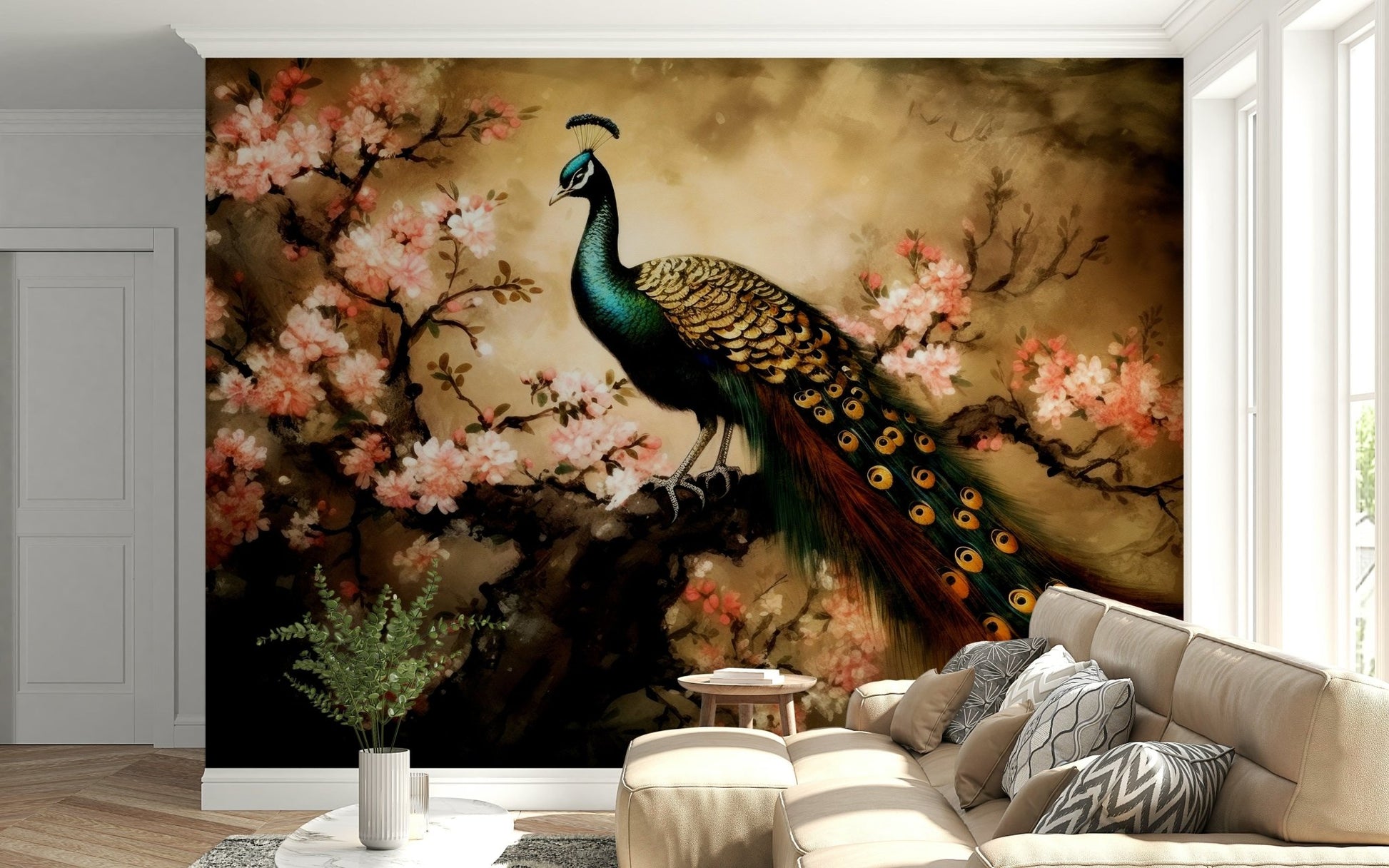 Peacock feather mural in reading nook, modern chair setup, teal and gold accents