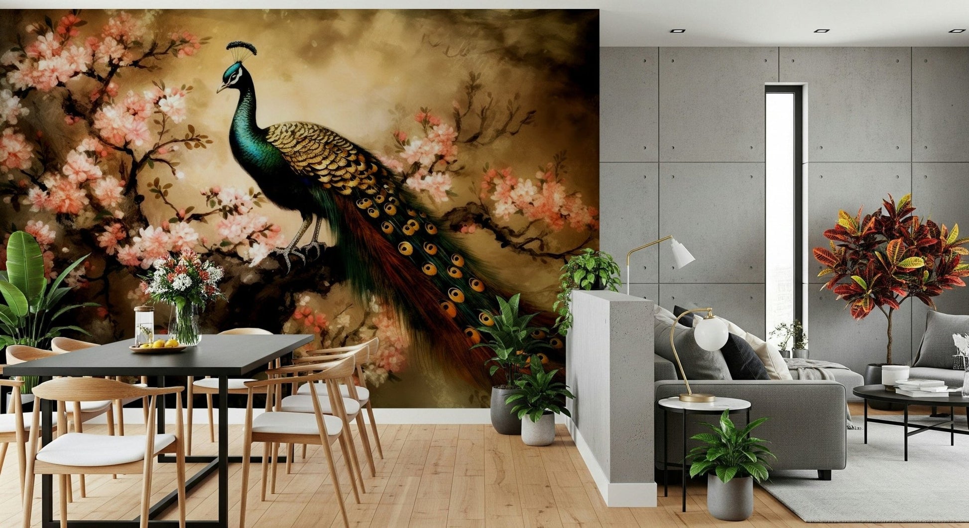 Peacock feather wall mural behind sofa, modern apartment wall decor in blue green