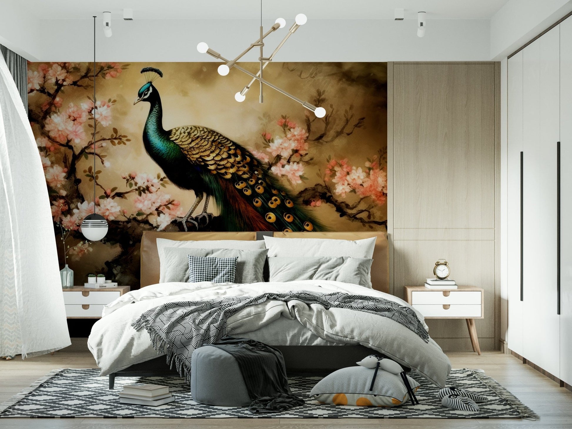 Home office accent wall with peacock bloom mural, muted teal and gold detailing