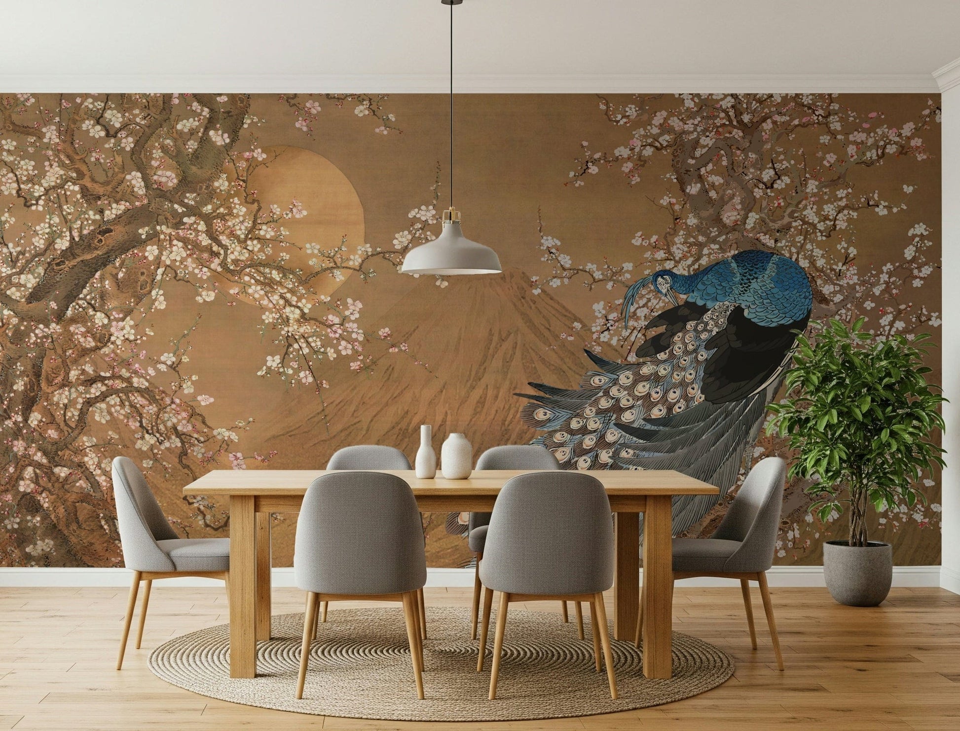 Colorful peacock wallpaper mural in home office, detailed feathers, clean white wall setting
