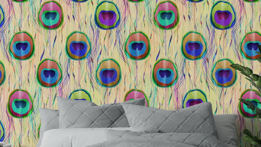 A repeating pattern of colorful peacock feathers.

