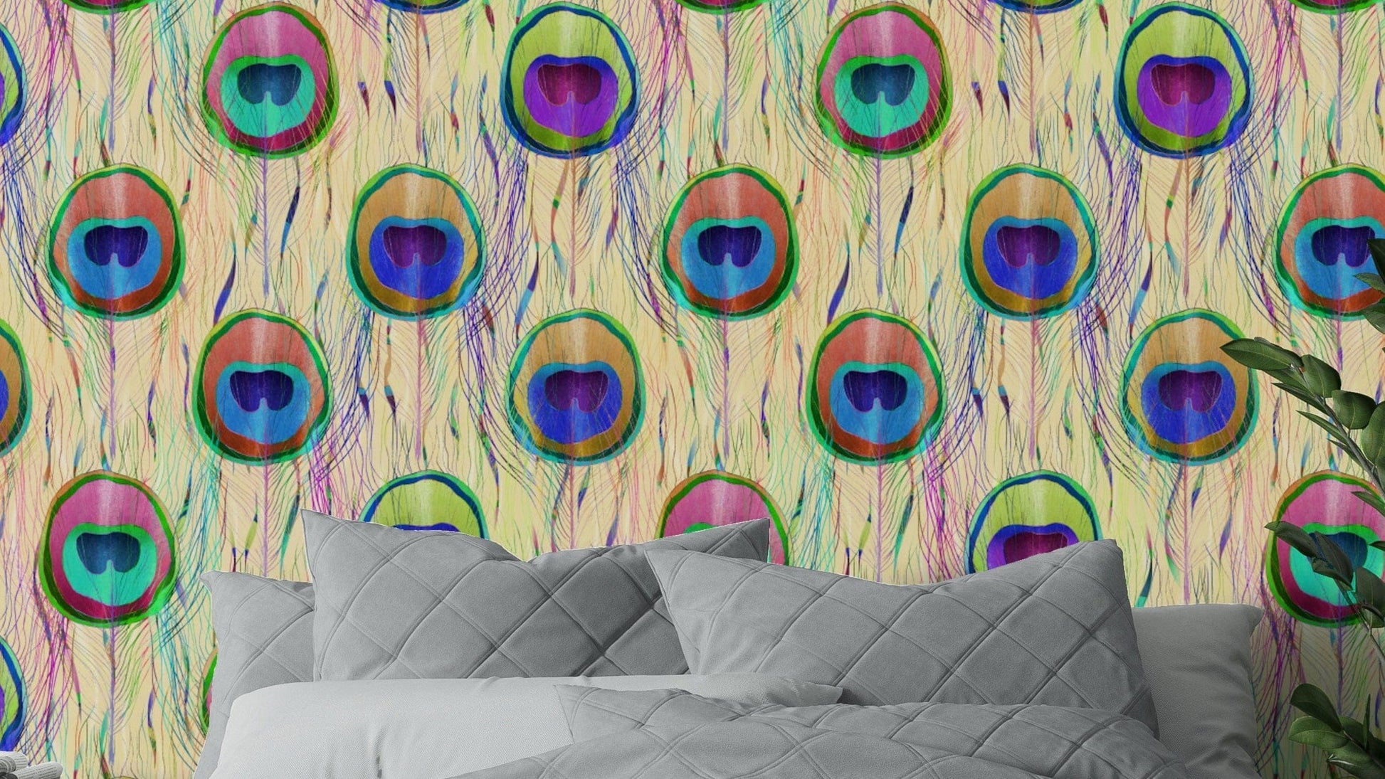 A repeating pattern of colorful peacock feathers.

