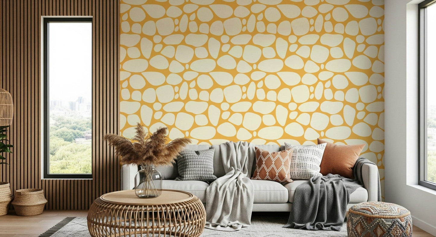 Bold yellow wallpaper with pebble forms
