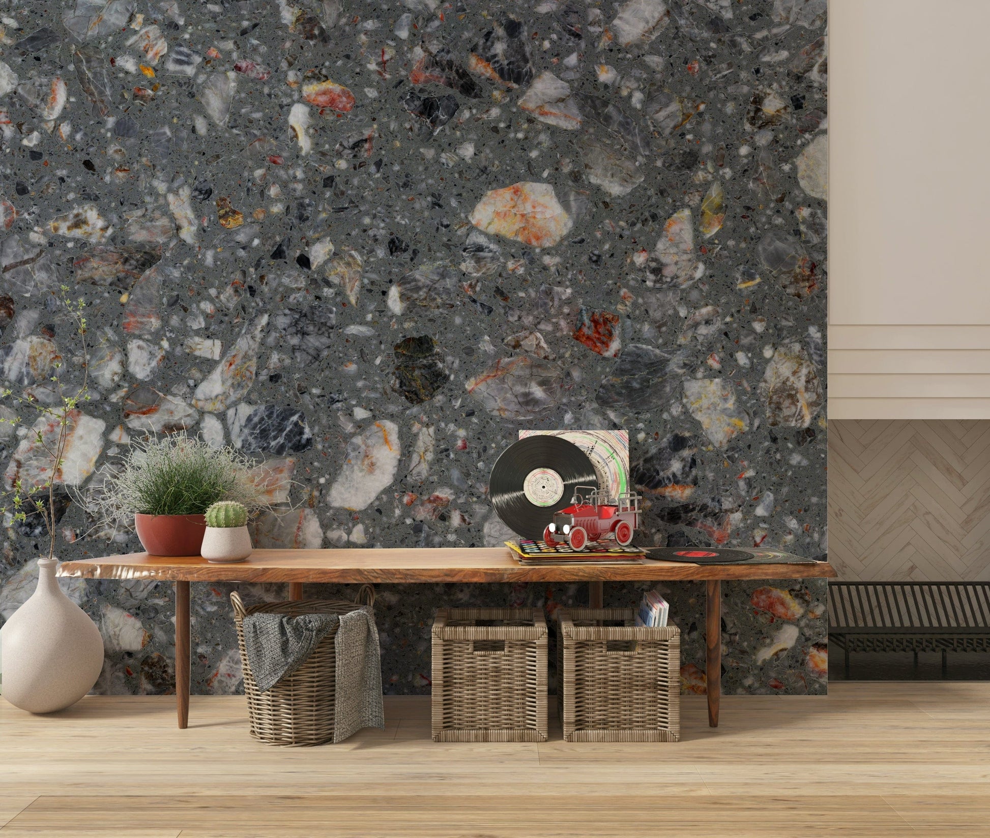 Geological Natural Look Tile mural red orange stone accents.