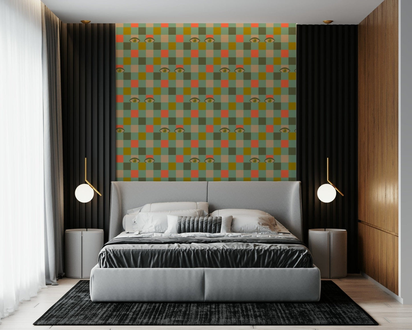 A quirky retro wallpaper showing repeating eyes embedded within a colorful geometric checker pattern.