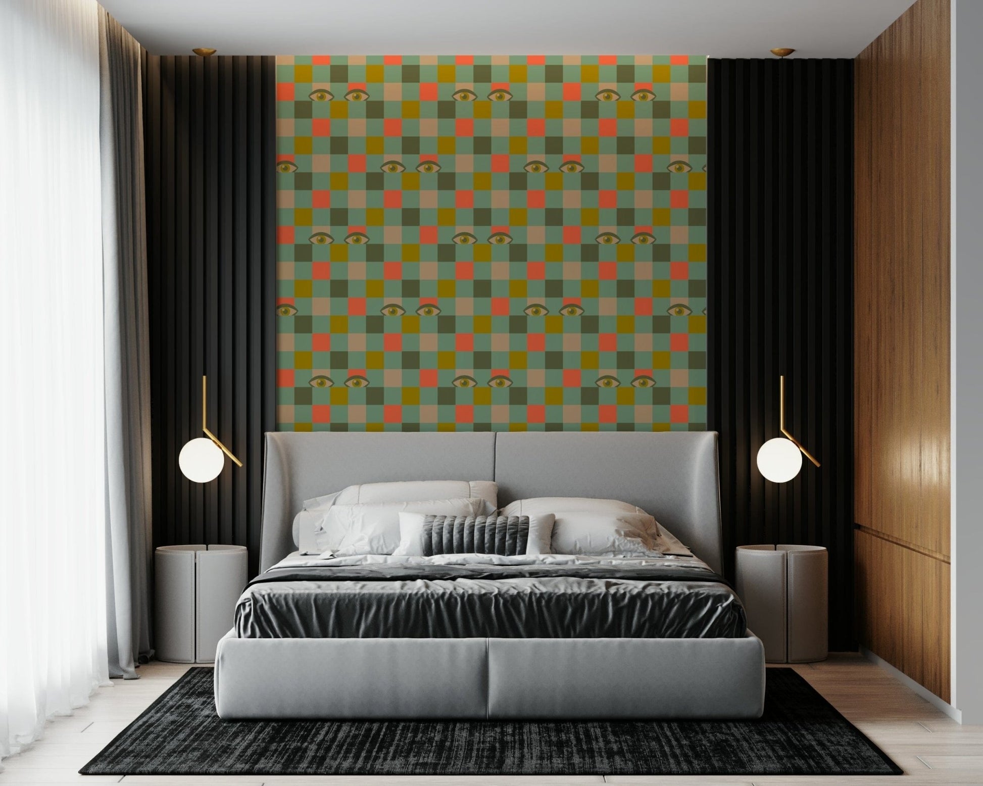 A quirky retro wallpaper showing repeating eyes embedded within a colorful geometric checker pattern.