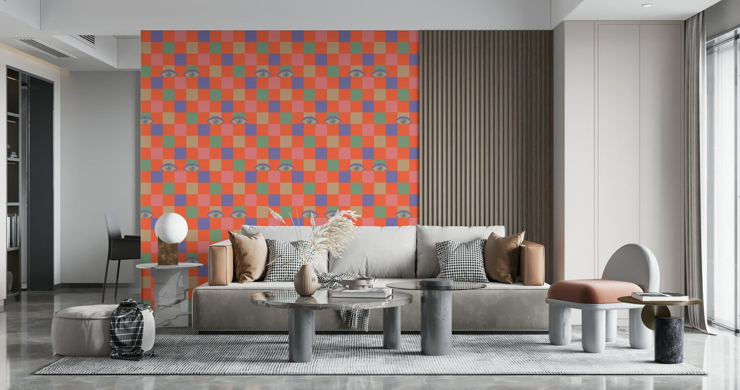 Retro eyes scattered across a bright multicolored checkerboard pattern in this bold statement wallpaper.