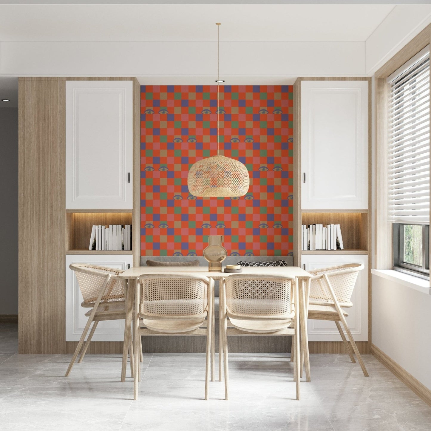 Checkerboard wallpaper in vivid pink, cream, and coral tones highlighted by repeated retro eye graphics.