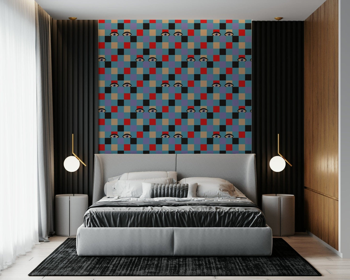 A vintage-style wallpaper where bright checkerboard squares host whimsical peekaboo eyes.