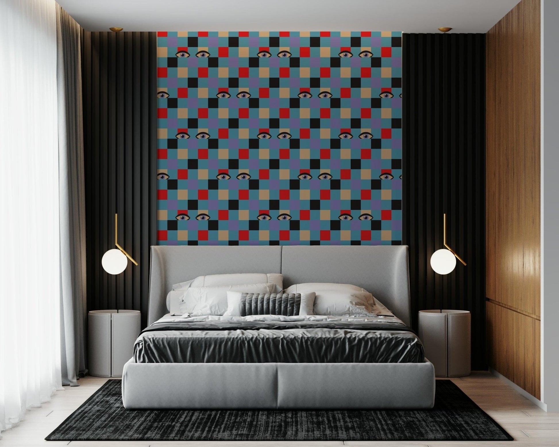 A vintage-style wallpaper where bright checkerboard squares host whimsical peekaboo eyes.