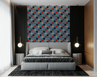 A vintage-style wallpaper where bright checkerboard squares host whimsical peekaboo eyes.