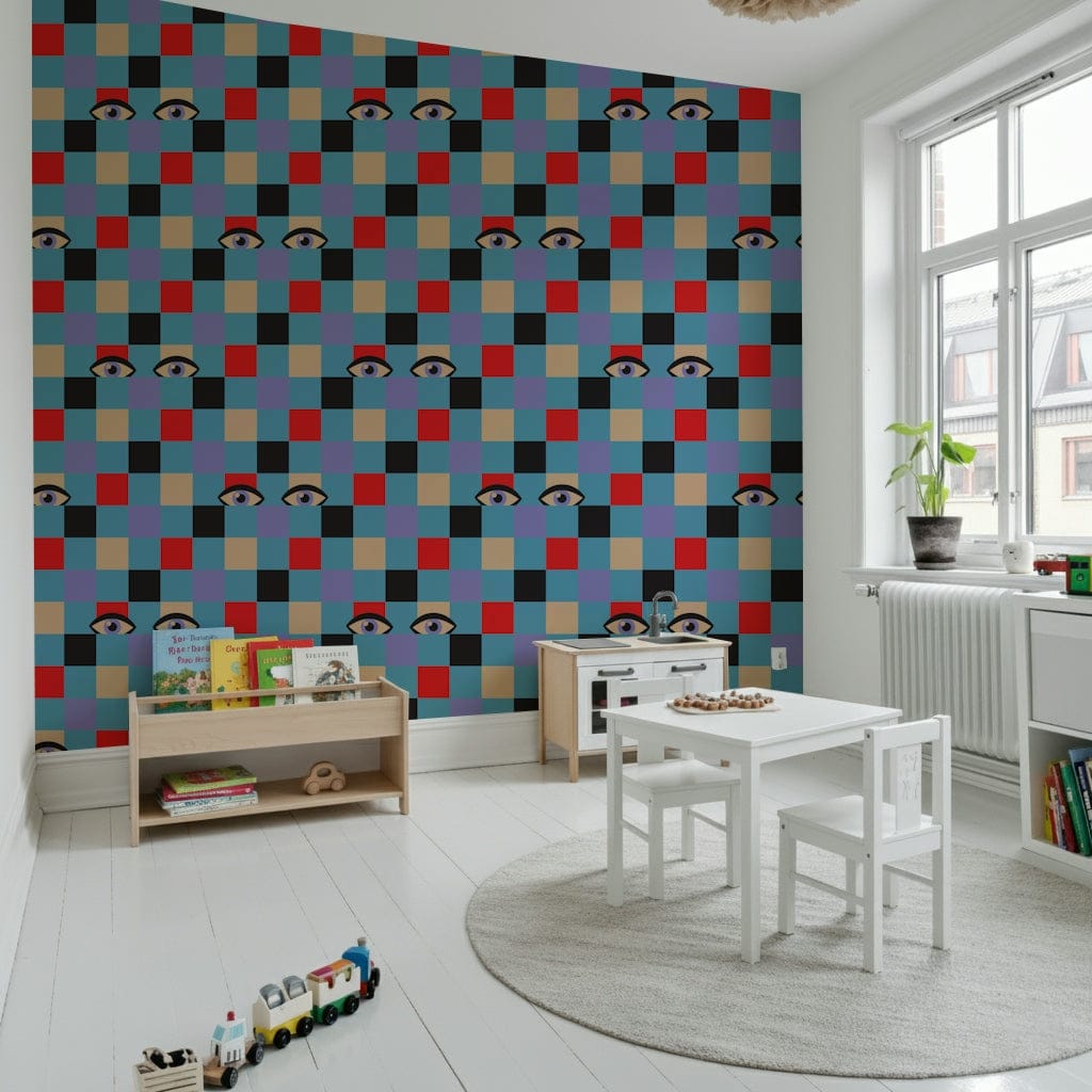 A retro checkerboard wallpaper featuring scattered illustrated eyes across red, cream, purple, black, and baby blue squares.