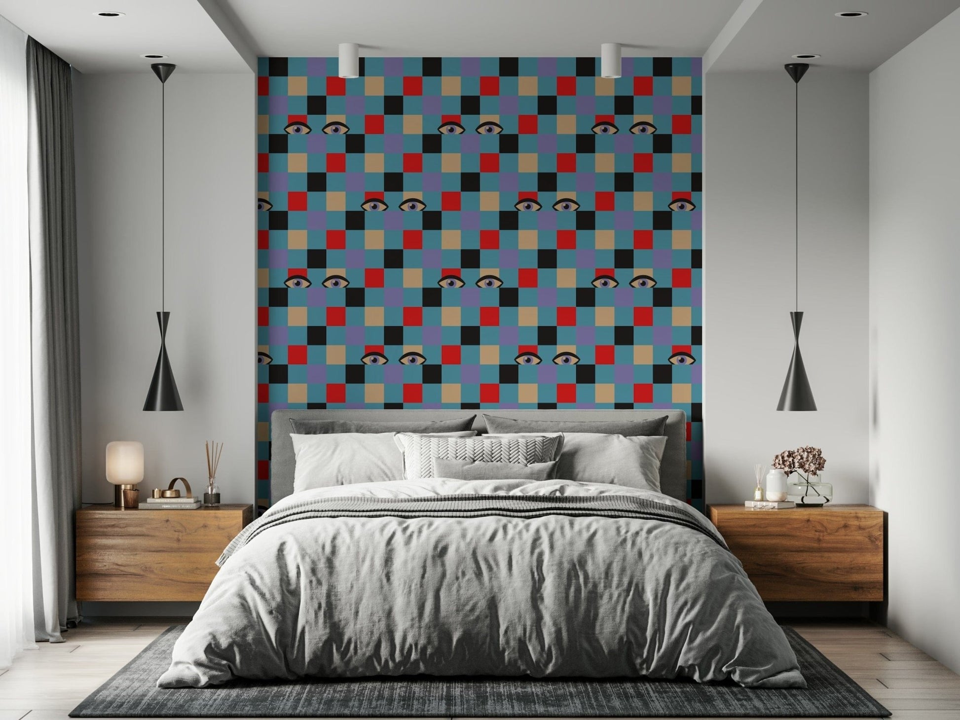 Retro-inspired eyes wallpaper on a red, cream, purple, black, and blue checkerboard background.
