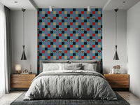 Retro-inspired eyes wallpaper on a red, cream, purple, black, and blue checkerboard background.