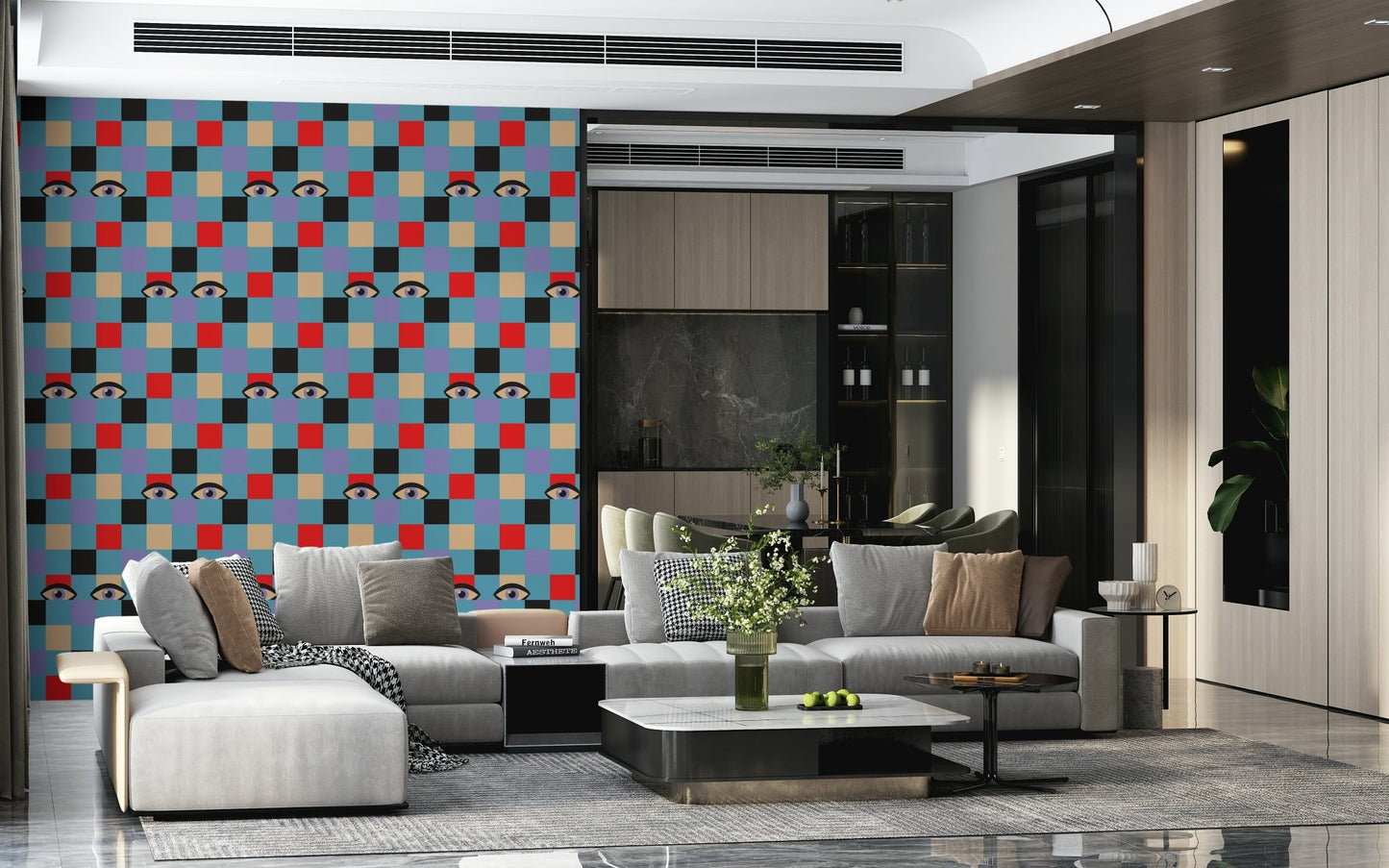 A vibrant retro eyes wallpaper combining bold square patterns with scattered peekaboo eye motifs.