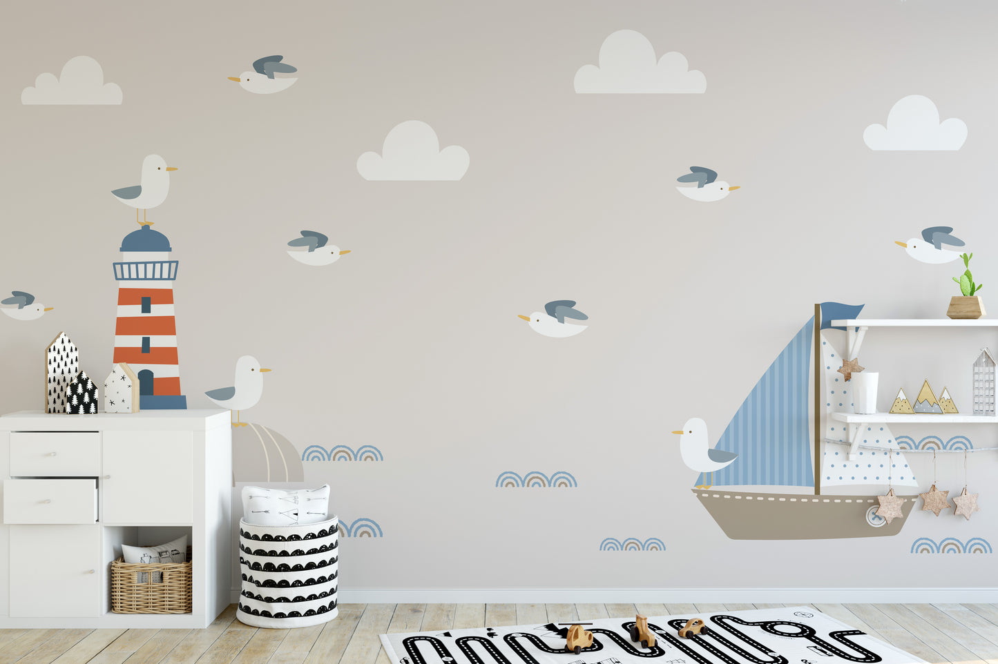 Summer Design Lighthouse Sailboat Cartoon Style wallpaper mural with blue sailboat and seagulls in a beige kids room