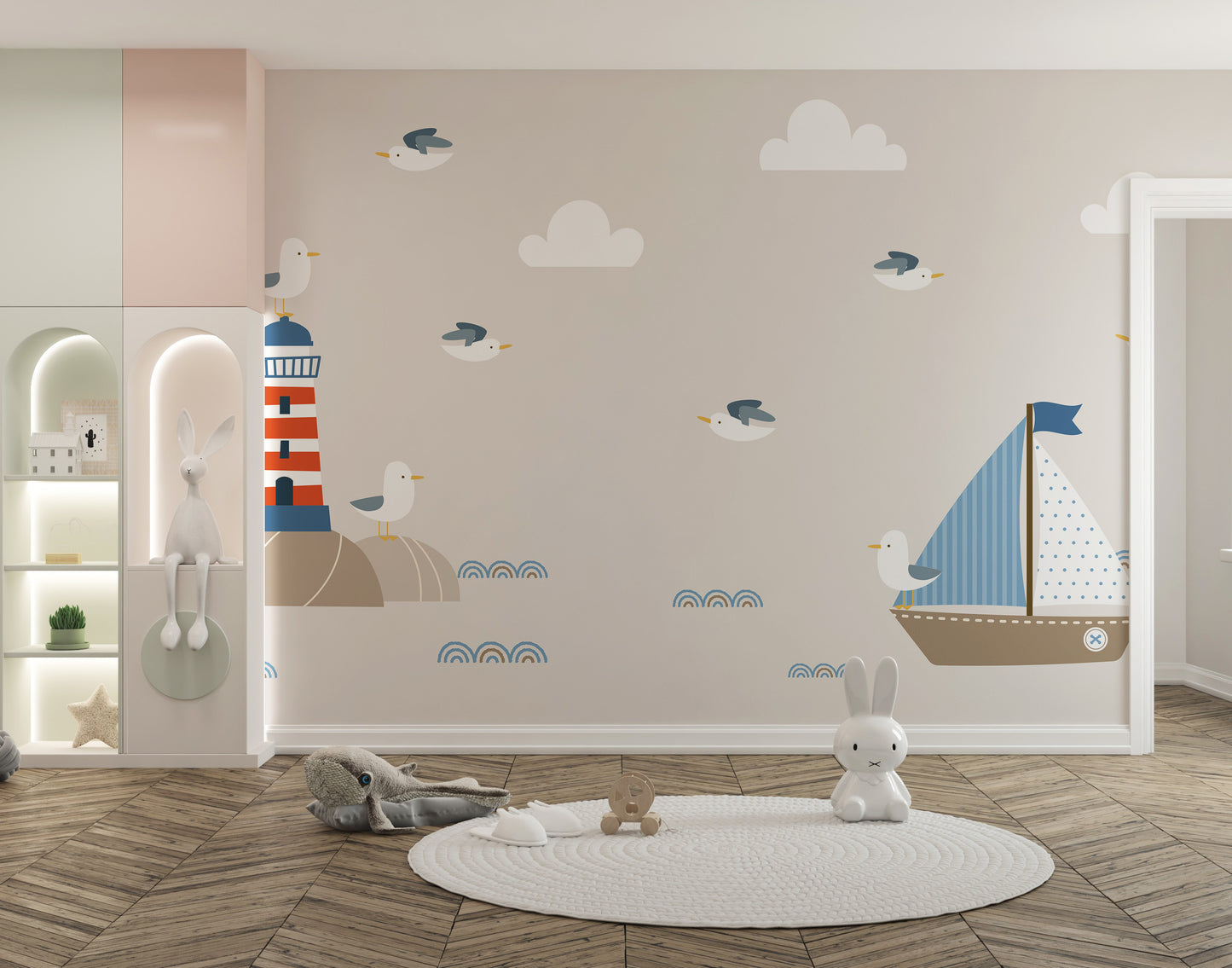 Summer Design Lighthouse Sailboat Cartoon Style wallpaper mural in beige above bunny toys in a nursery play niche