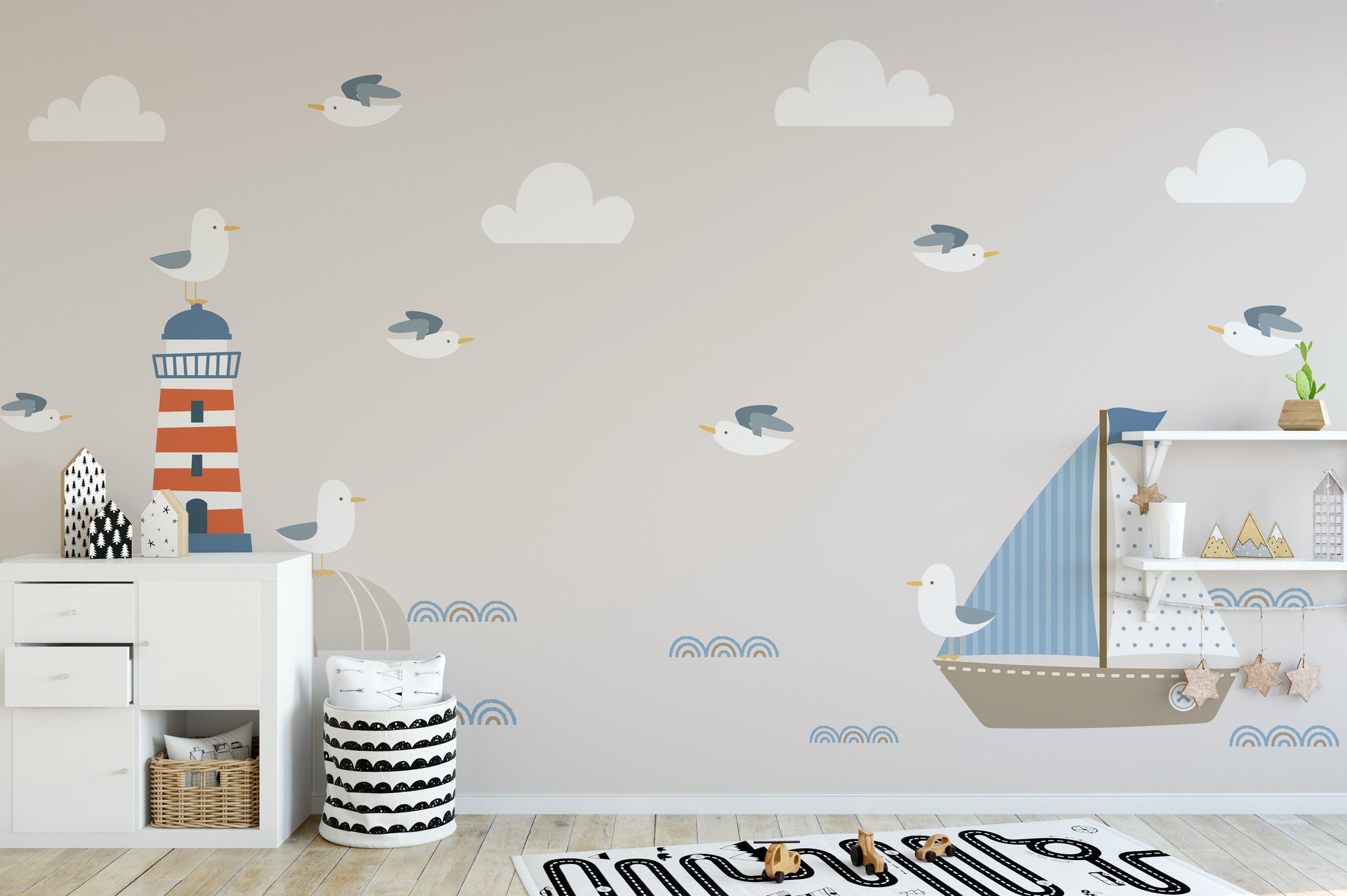 Summer Design Lighthouse Sailboat Cartoon Style wallpaper mural with seagulls in a kids room with a white dresser