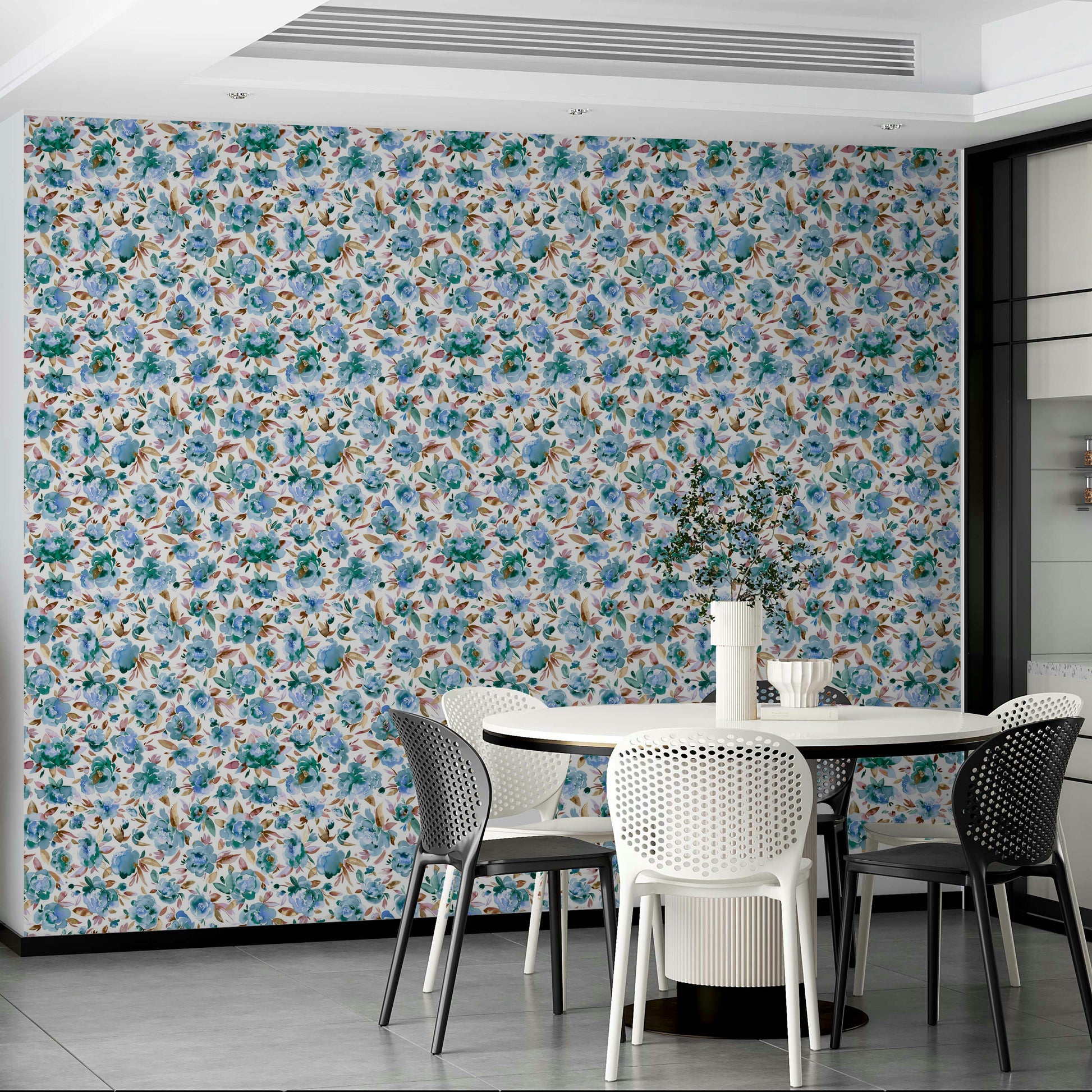 Sky blue wallpaper featuring large peony blossoms

