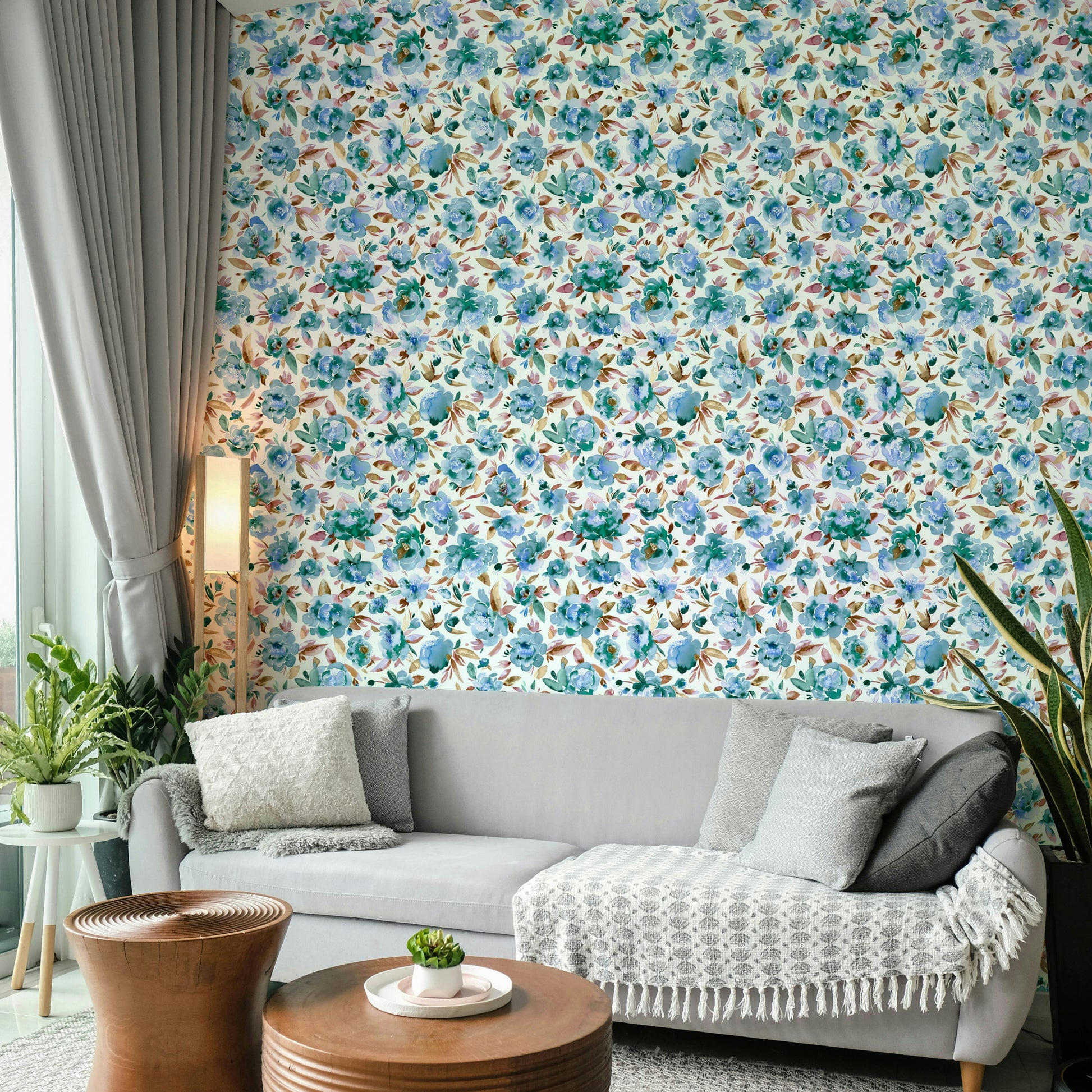 Soft sky blue wallpaper with delicate peony patterns

