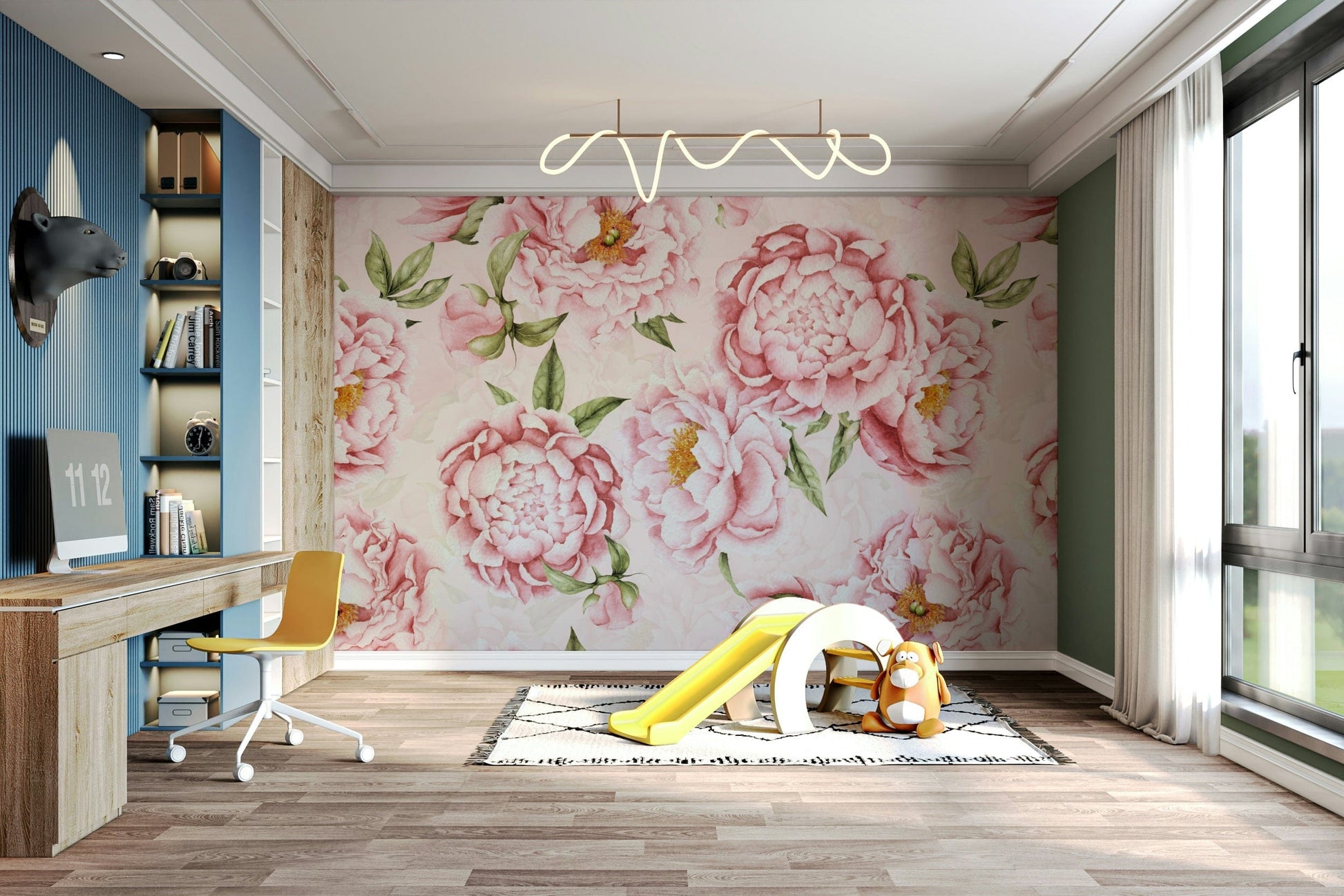 The wallpaper is perfect for a peaceful space.

