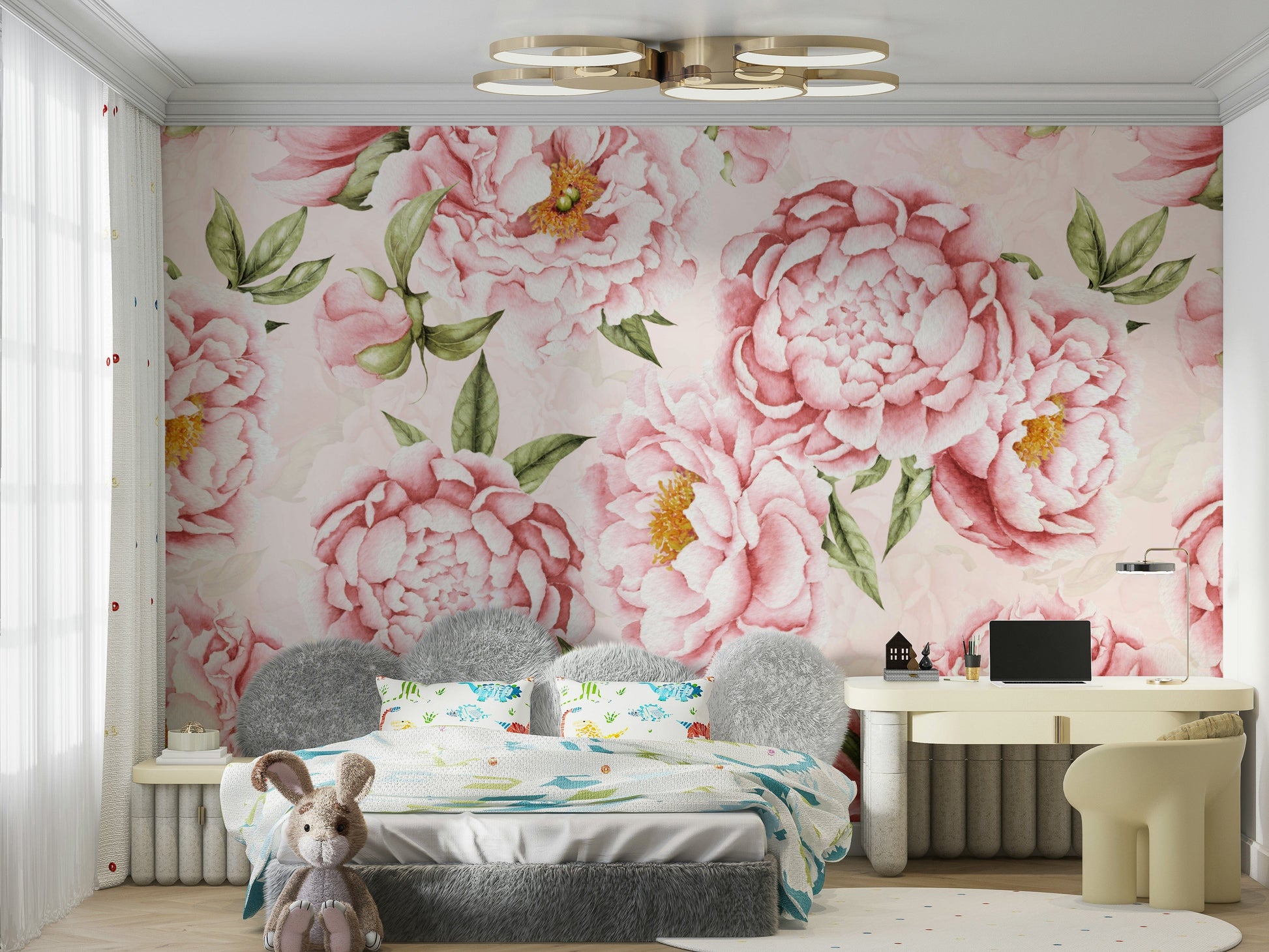 The mural shows a large-scale floral scene.

