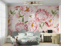 The mural shows a large-scale floral scene.

