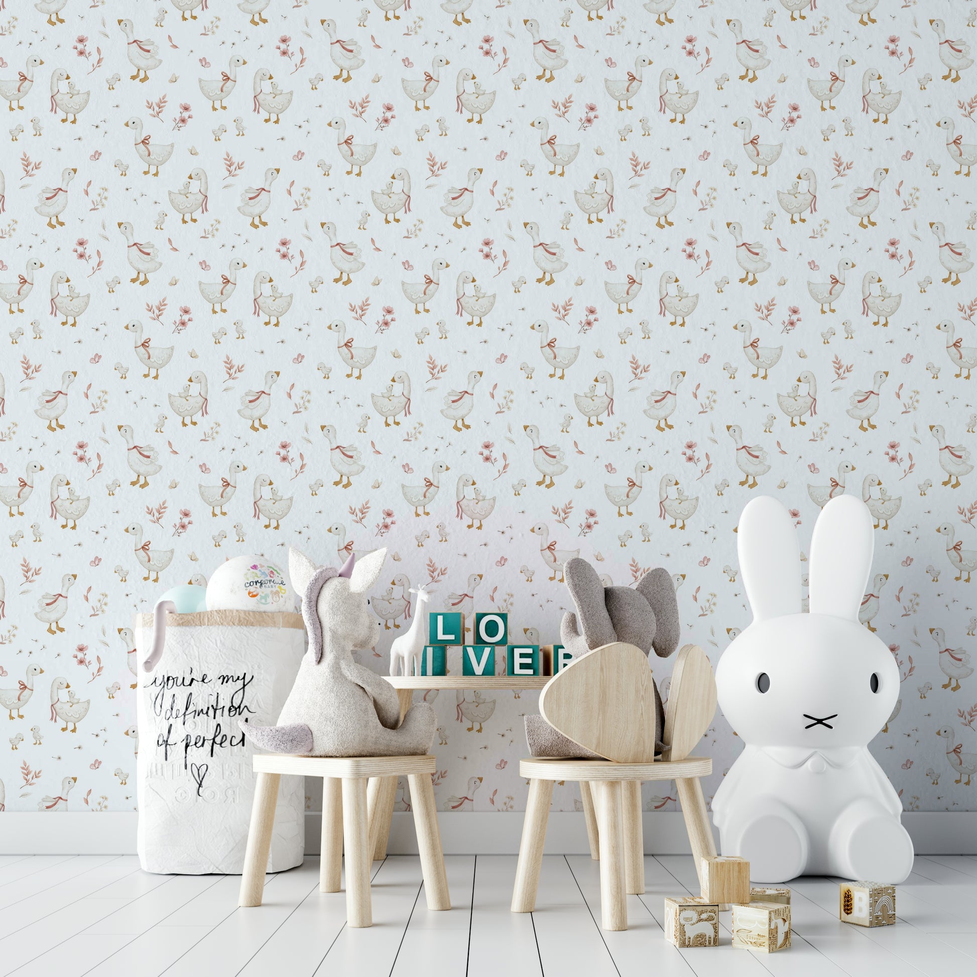 Geese-themed wallpaper with botanical style

