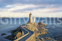 Lighthouse wallpaper mural in sunroom, airy blue tones and sea horizon