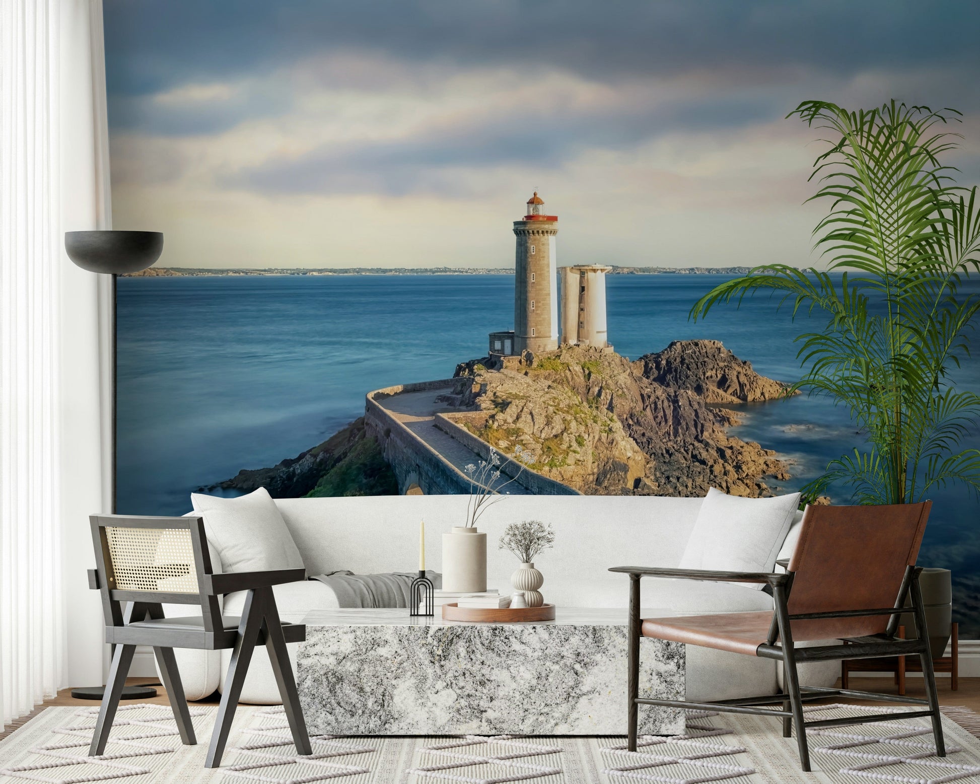 Petit Minou lighthouse mural in nursery, gentle coastal blues and sand
