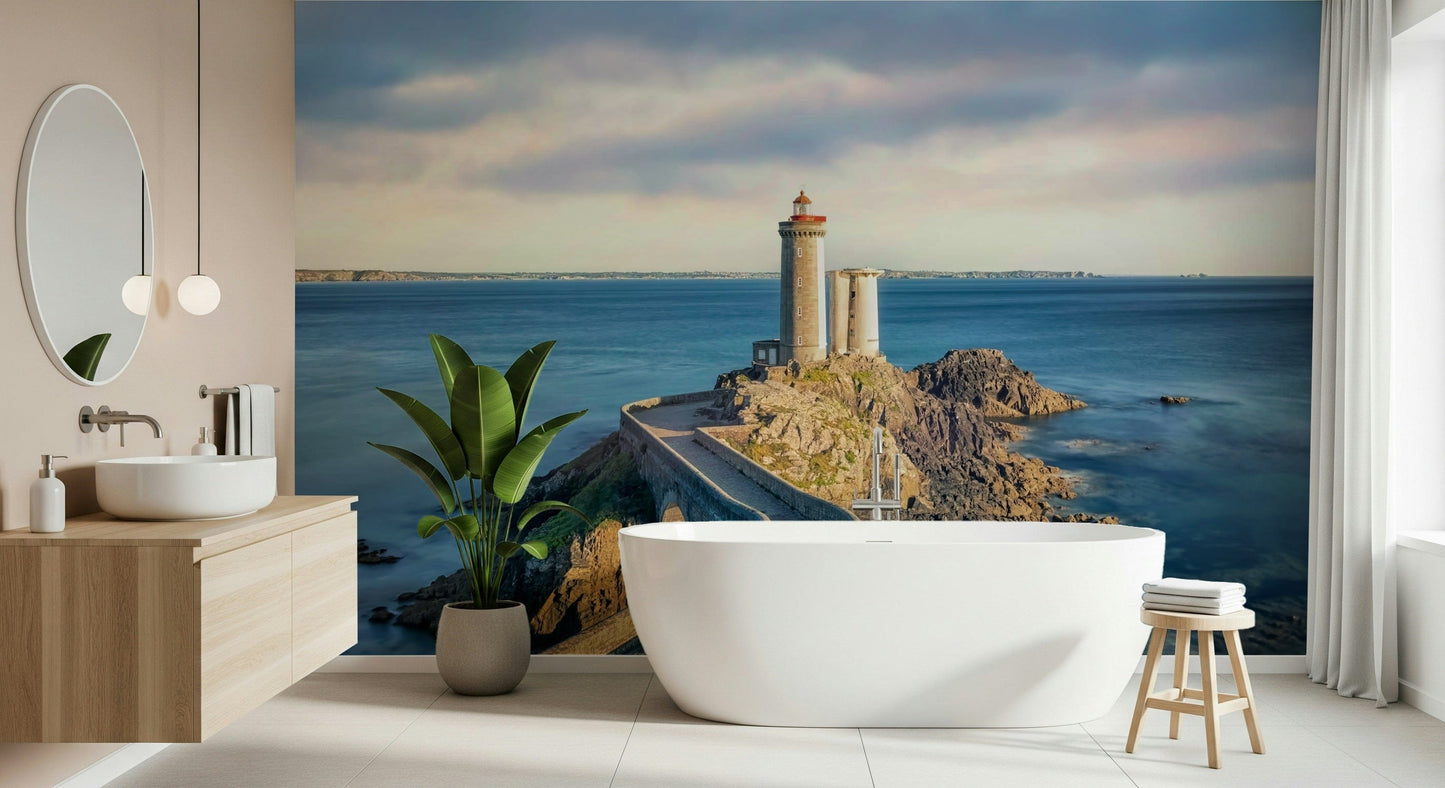Lighthouse wall mural for dining room accent wall, coastal style scene