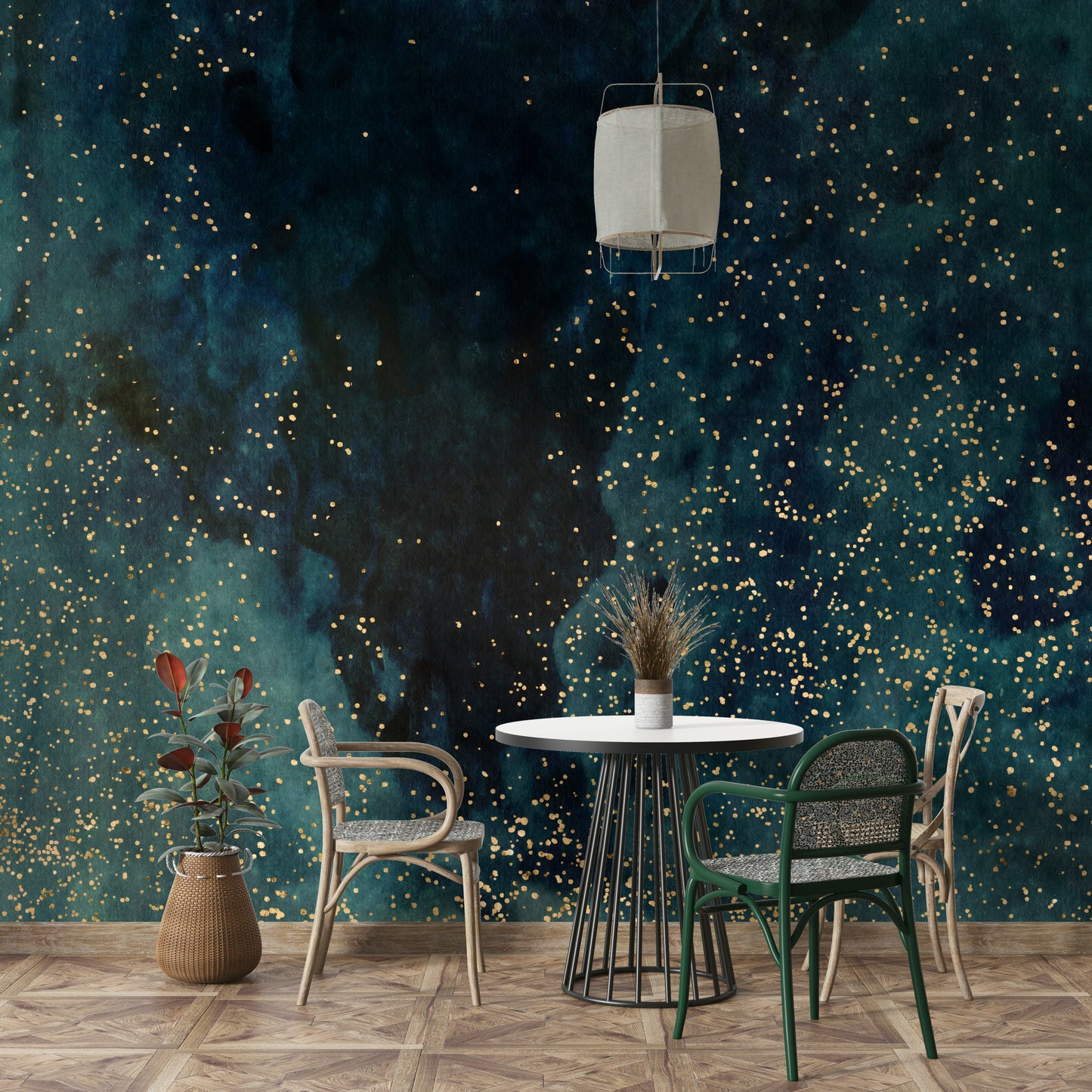 Cosmic atmosphere with petrol blue galaxy wall mural for rooms.

