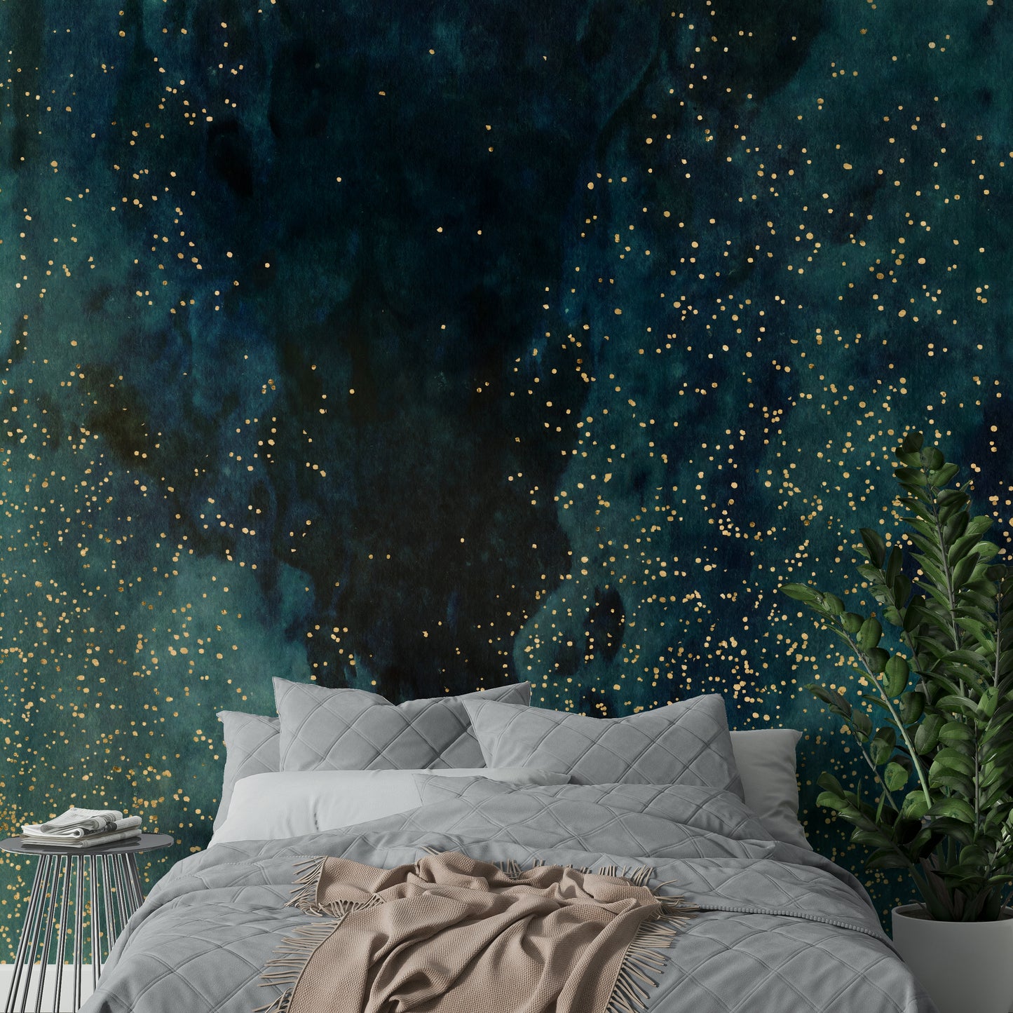 Elegant petrol blue galaxy wall mural with shimmering stars.


