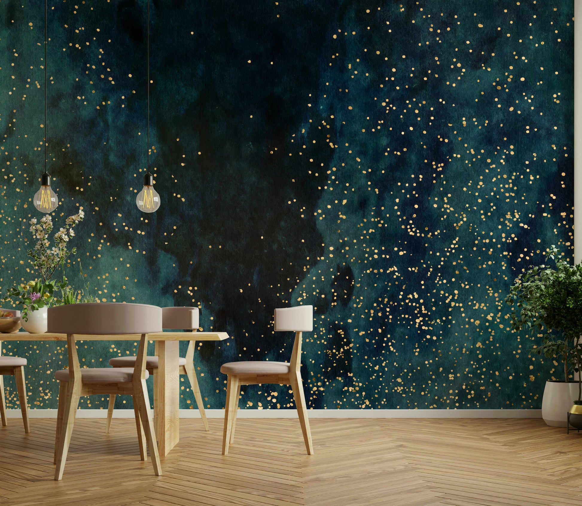 Petrol blue wall mural featuring a cosmic galaxy design.


