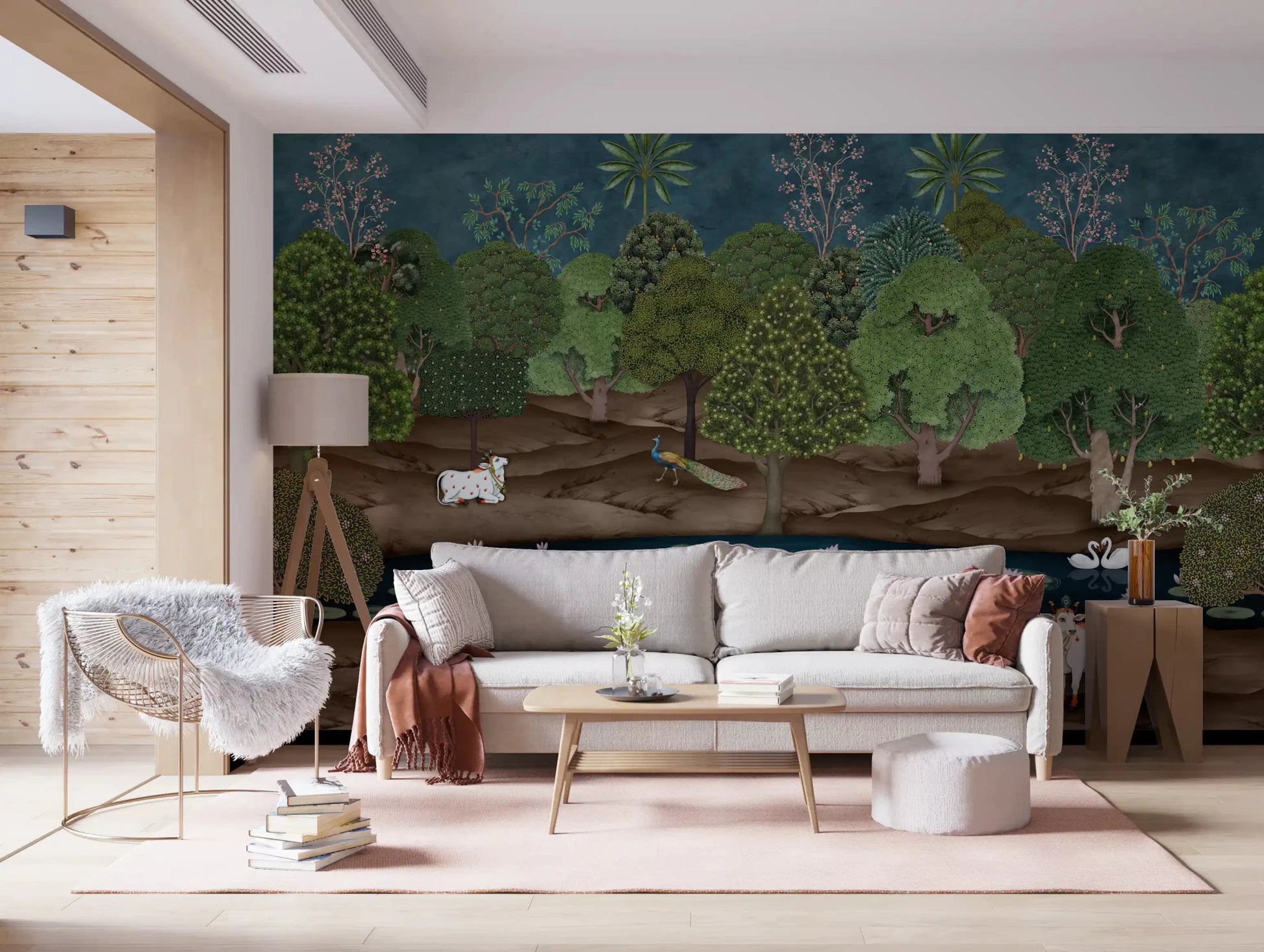 Deep blue tones in Pichwai Forest Divine Grace Wall Mural for living room.