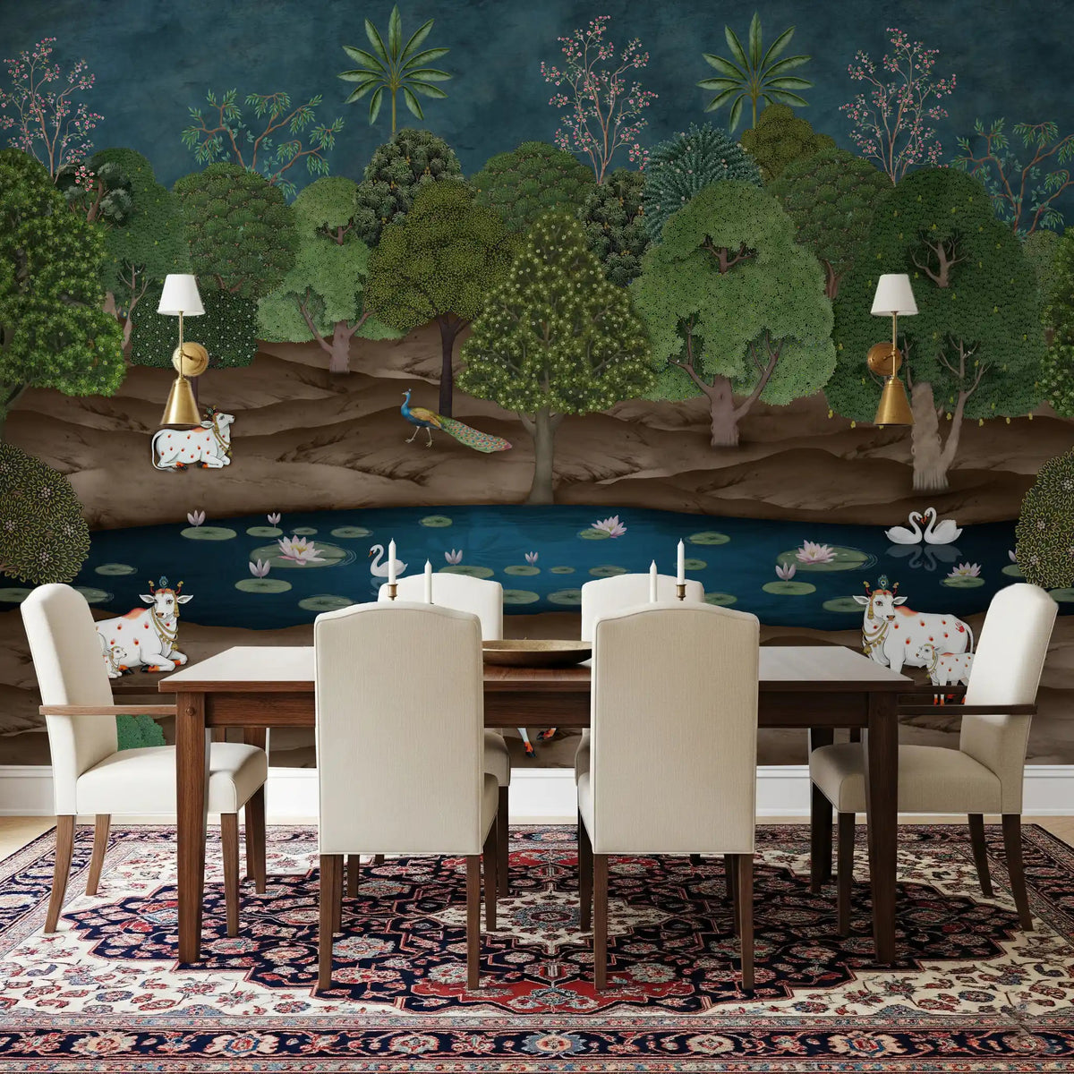 Pichwai Forest dining area Wall Mural with white cows near dark water