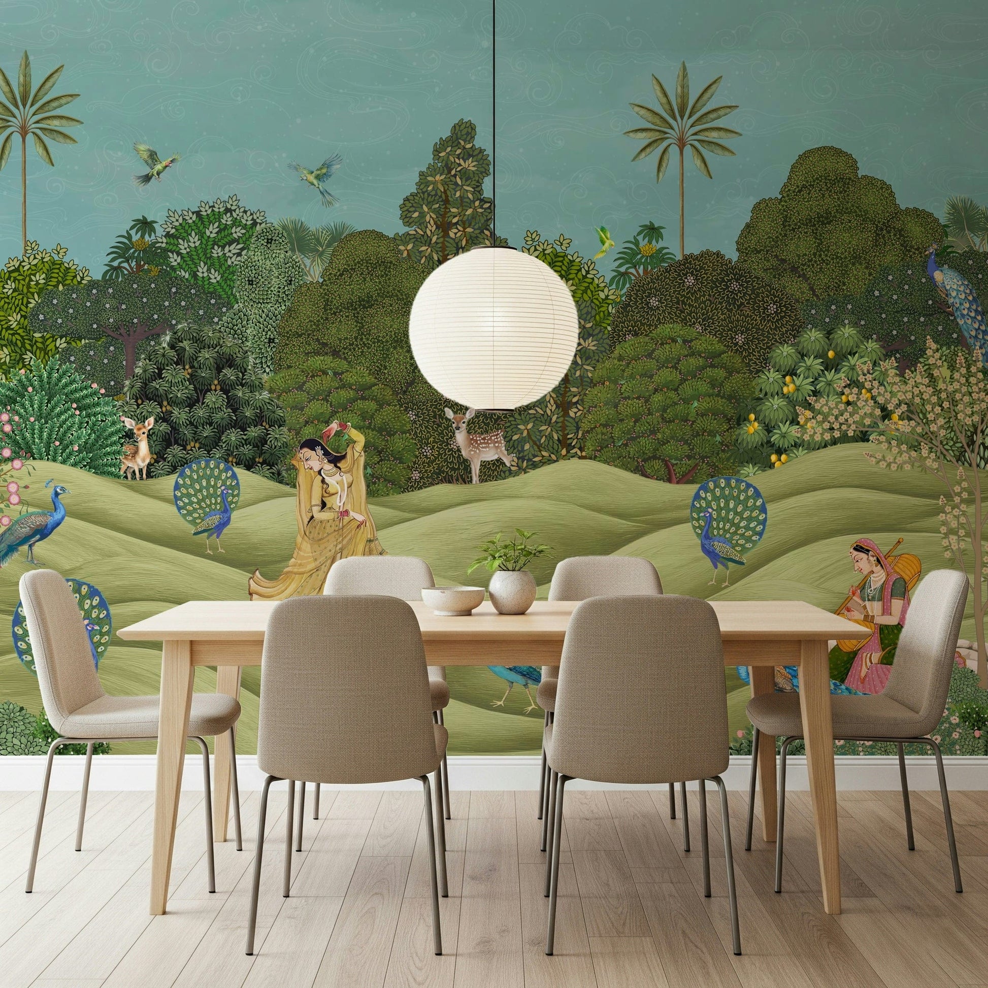 Indian-inspired Pichwai Palms mural for bedroom walls with traditional artistic detailing