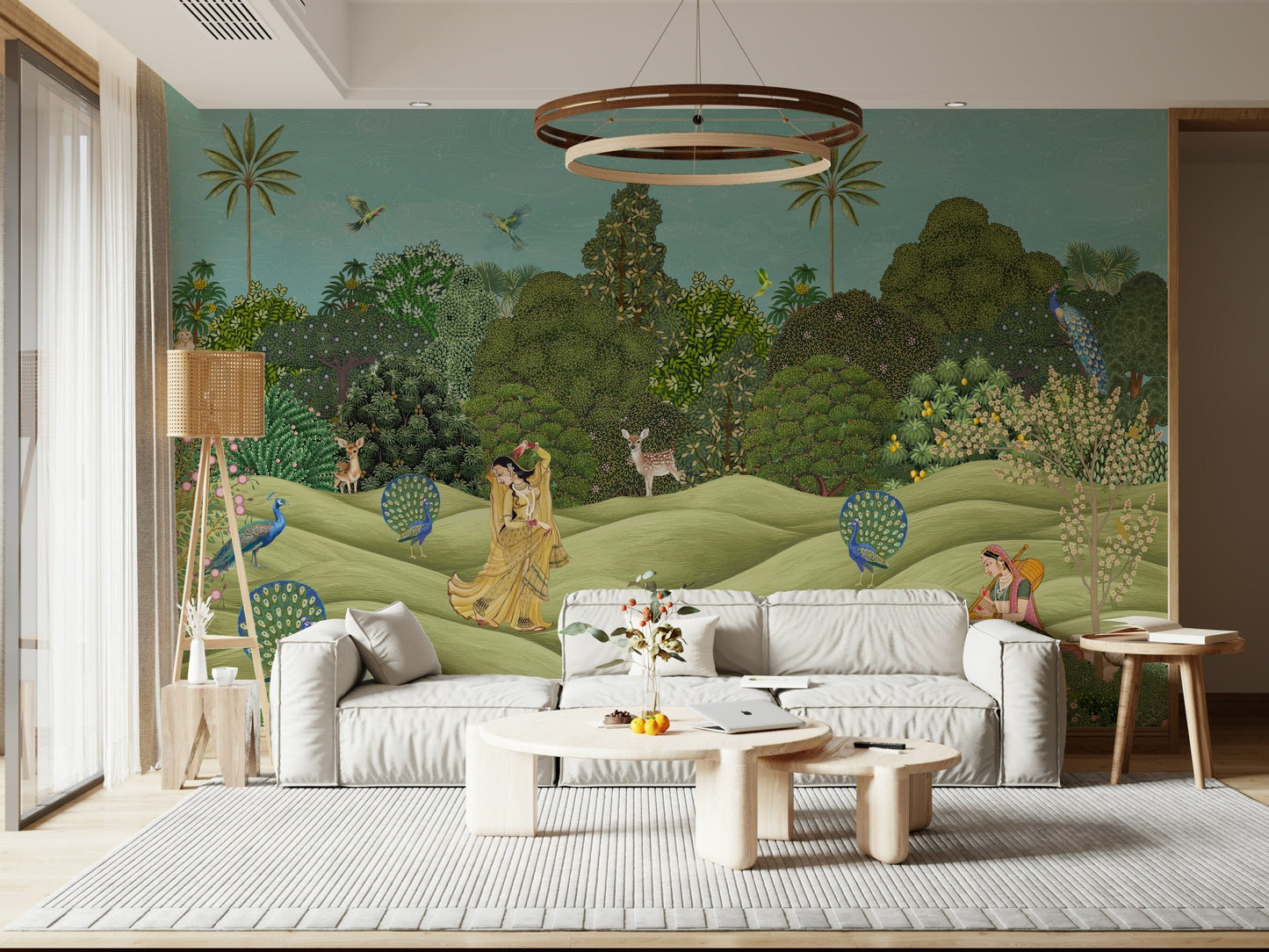 Elegant palm motif wall mural in Pichwai art style for contemporary home interiors