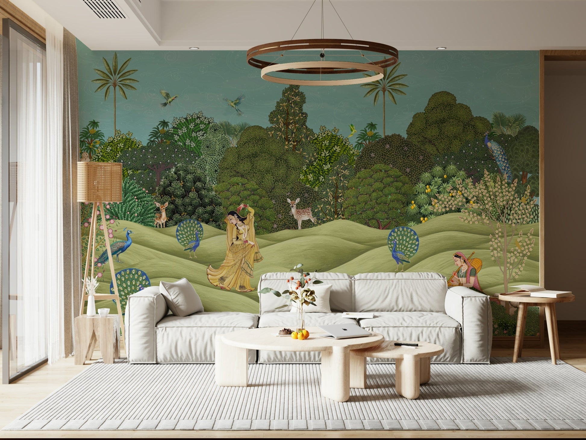Elegant palm motif wall mural in Pichwai art style for contemporary home interiors