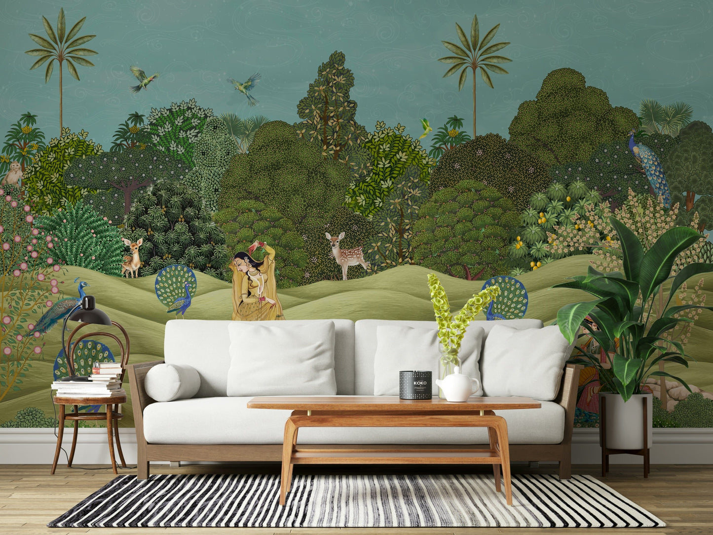 Pichwai Palms mural wallpaper used as a feature wall in a modern apartment living area