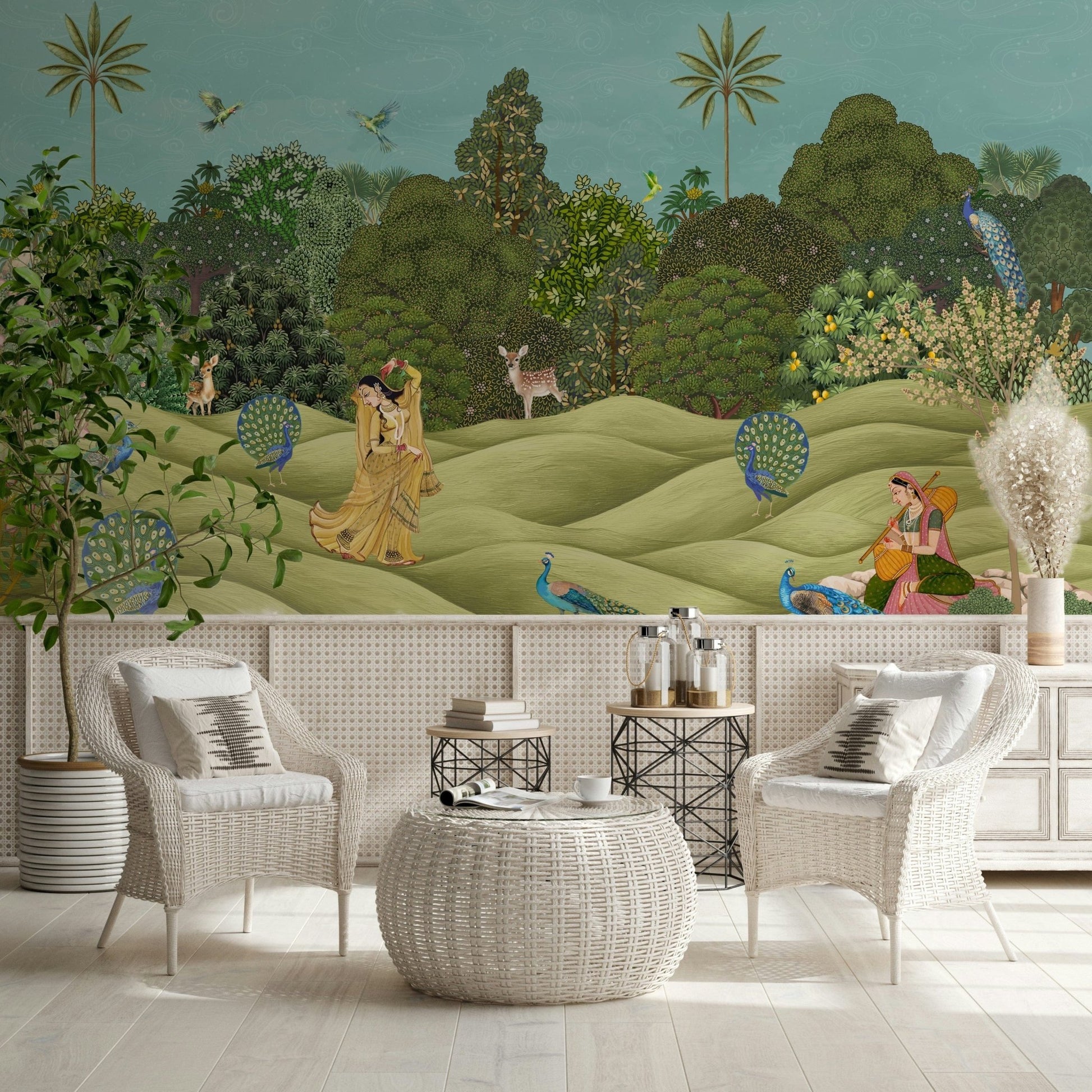 Palm-inspired Pichwai wall mural adding natural warmth to a minimalist bedroom setting