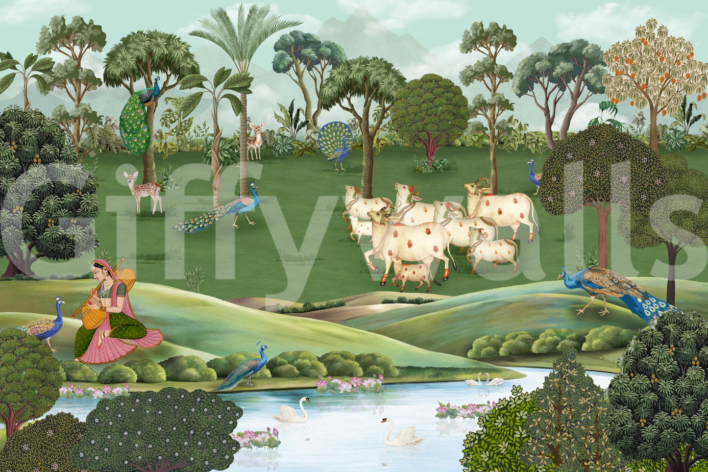 Pichwai pastoral artwork mural enhancing living space with heritage design